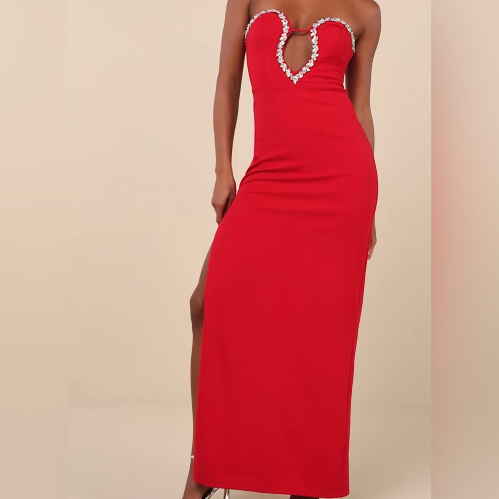 Lulus Sensational Luxury Red Rhinestone Cutout Strapless Maxi Dress